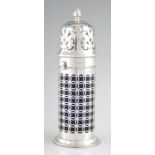 A LATE 19TH CENTURY PIERCED SILVER SUGAR CASTER the cylindrical body with hand-pierced decoration