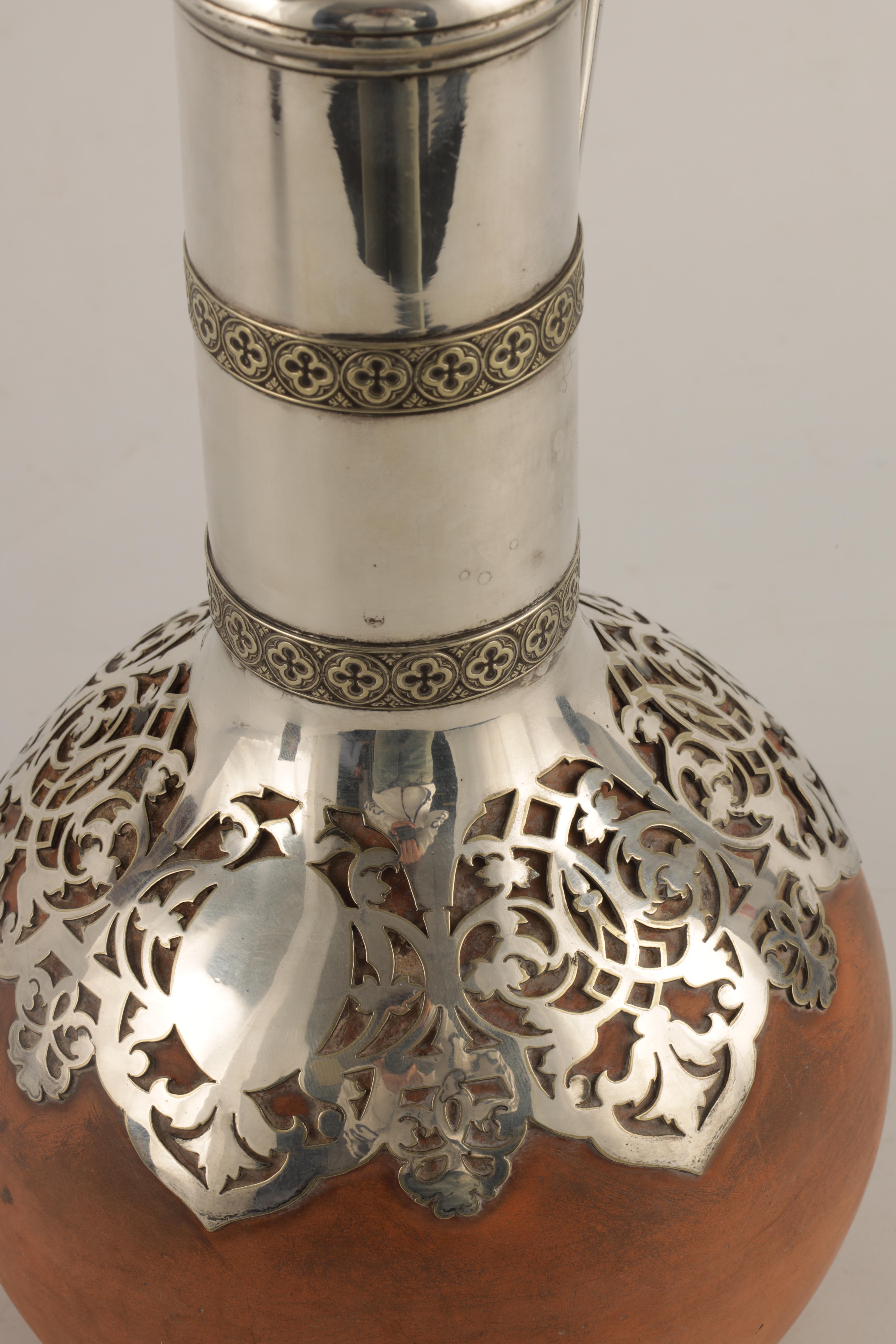 AN UNUSUAL LATE 19TH CENTURY SILVER PLATED CLARET JUG with Wedgewood stoneware body and pierced - Image 4 of 7