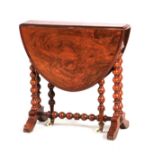 A 19TH CENTURY BURR WALNUT MINIATURE SUTHERLAND TABLE with hinged drop down leaves; on a bobbin