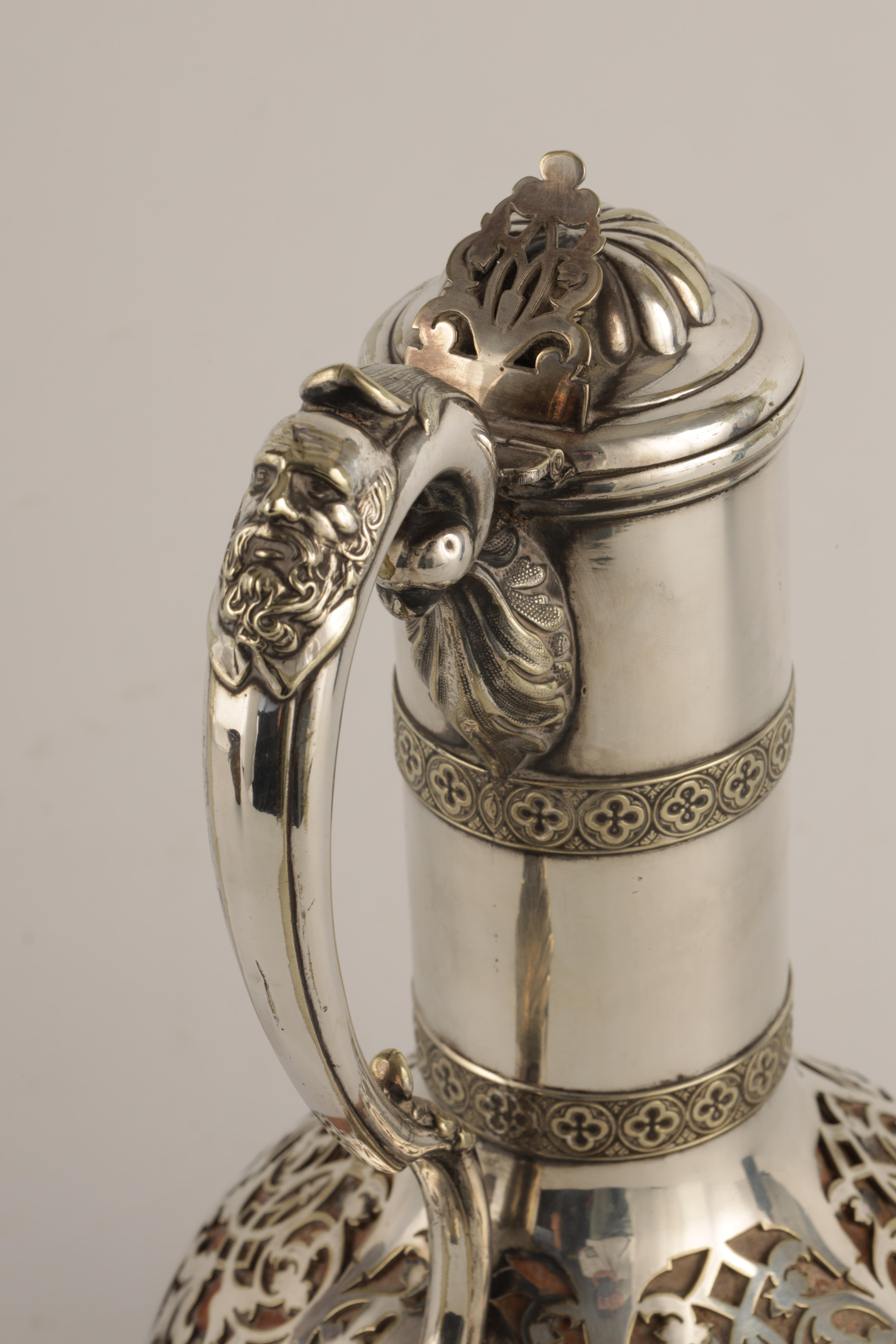 AN UNUSUAL LATE 19TH CENTURY SILVER PLATED CLARET JUG with Wedgewood stoneware body and pierced - Image 2 of 7