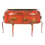 A 20TH CENTURY GEORGIAN STYLE TOLE WARE LACQUERED PLANTER with scarlet chinoiserie decoration;