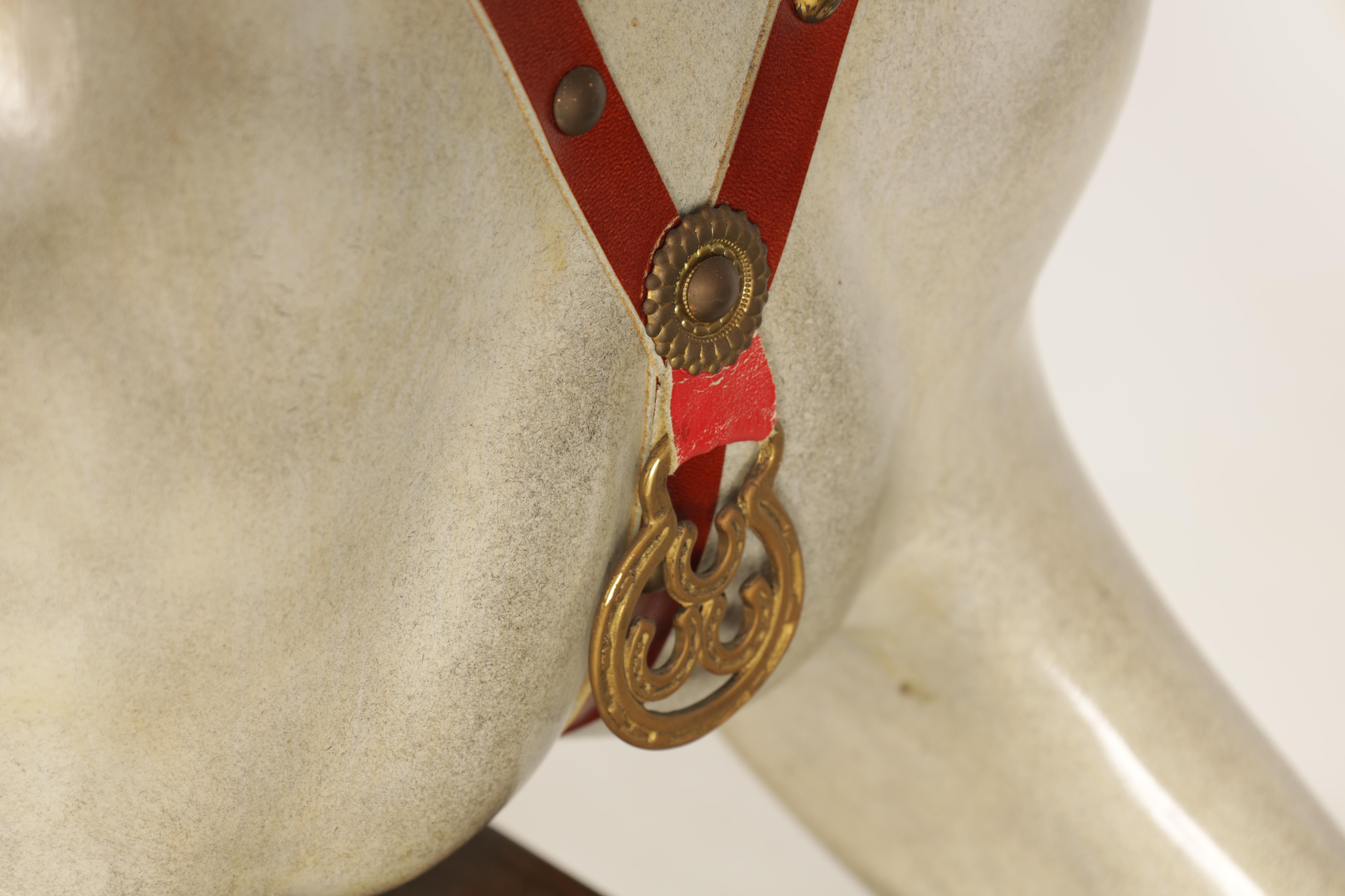 A LARGE 20TH CENTURY DAPPLE GREY PAINTED WOOD ROCKING HORSE with leather seat and bridle 157cm - Image 4 of 8