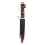 A WORLD WAR II GERMAN NAZI HITLER YOUTH DAGGER with checkered grip set with an enamel swastika badge