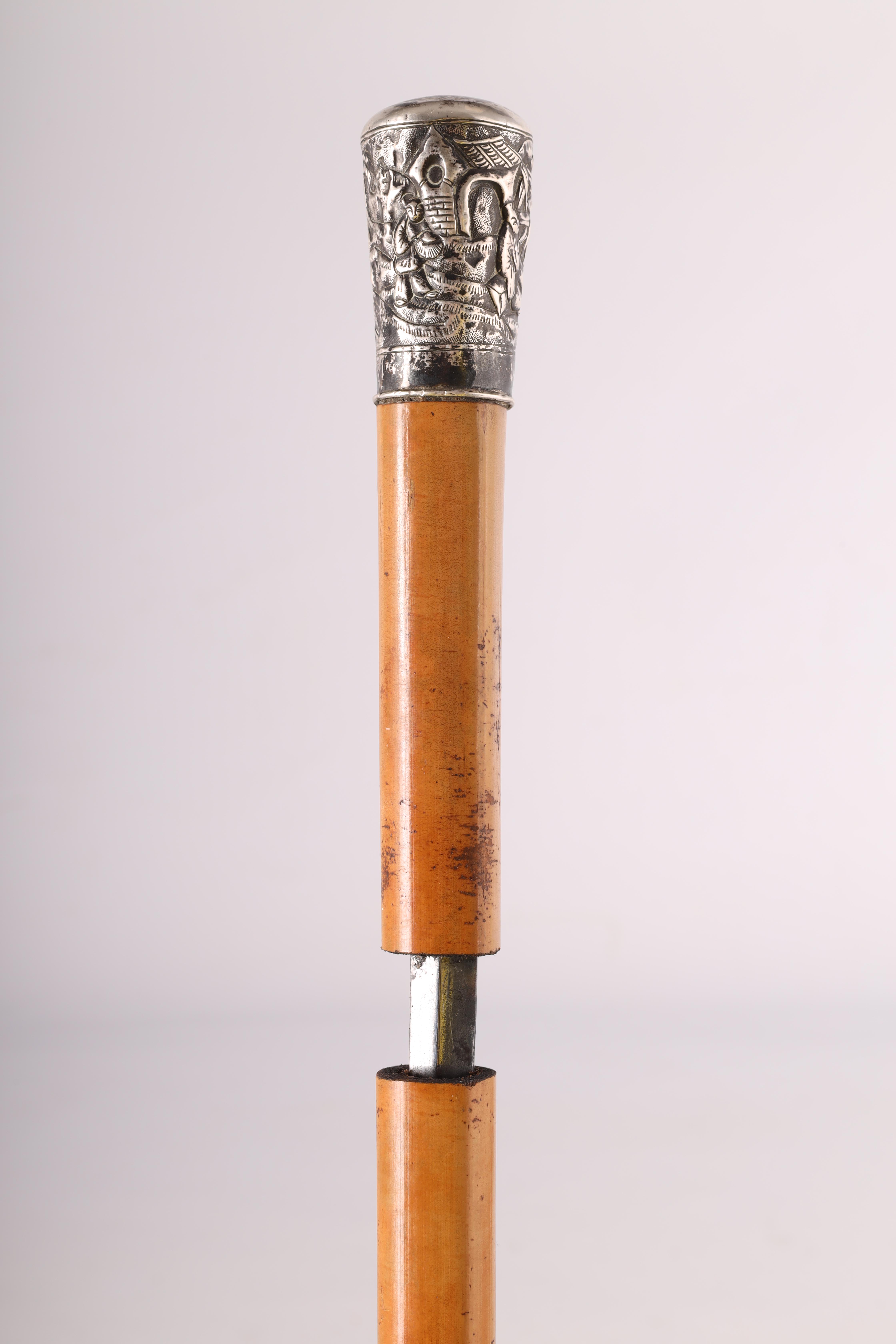 A LATE 19TH CENTURY CHINESE SILVER TOPPED SWORD STICK the silver pommel decorated with characters in - Image 2 of 8