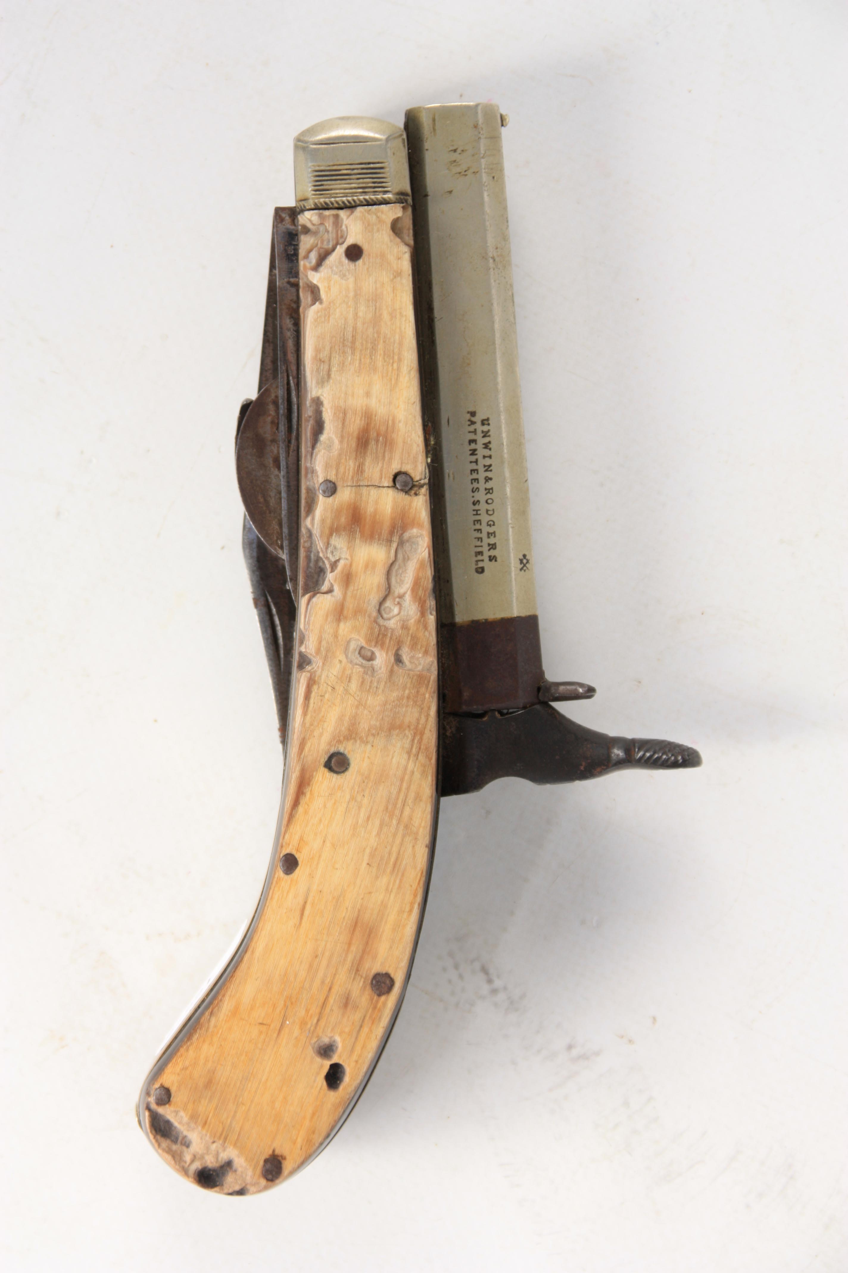 UNWIN & RODGERS, SHEFFIELD. A MID 19TH CENTURY PERCUSSION TWIN-BLADED KNIFE-PISTOL with signed - Image 2 of 7