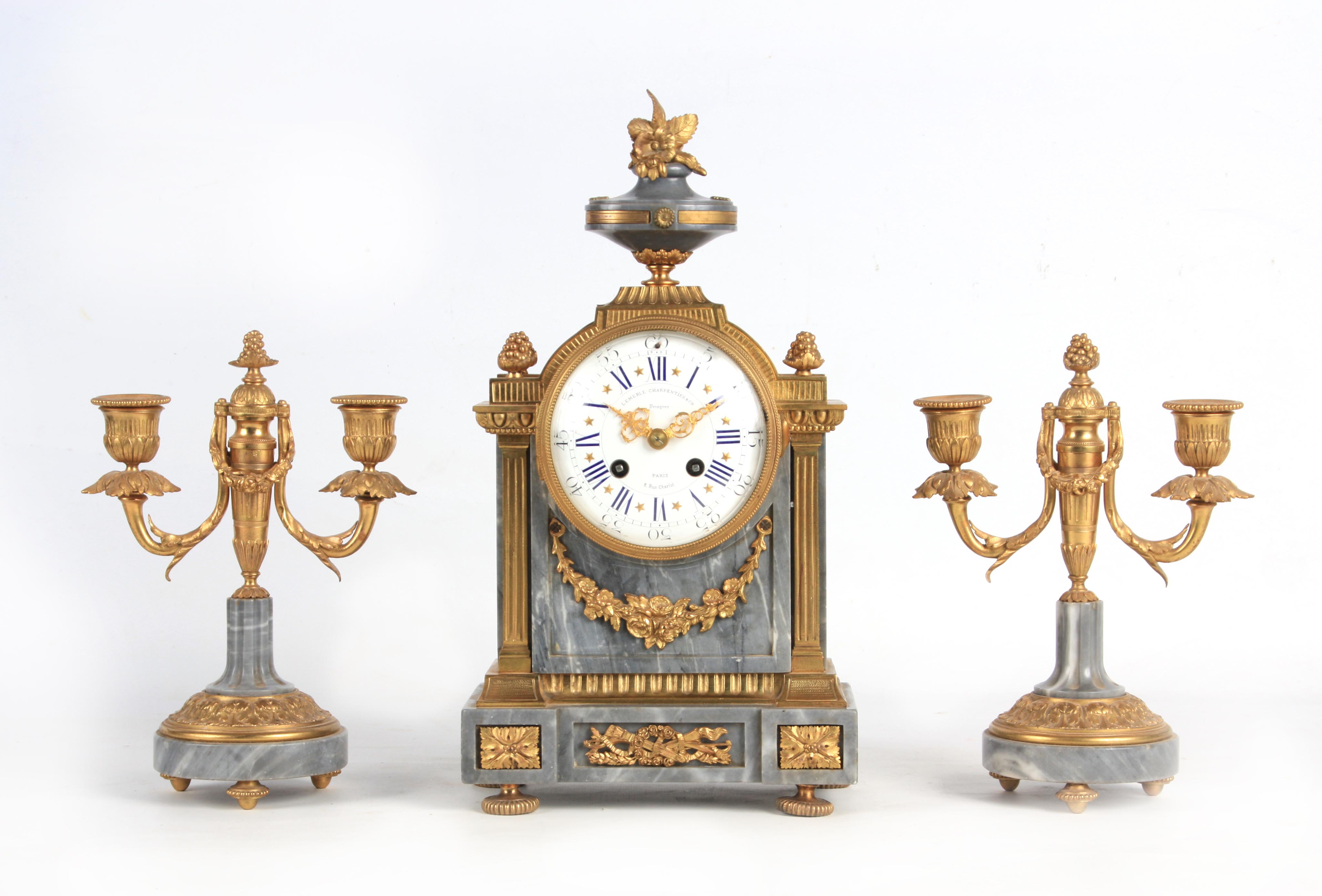 LEMERLE-CHARPENTIER & CIE, PARIS A MID 19TH CENTURY FRENCH MARBLE AND ORMOLU CLOCK GARNITURE the