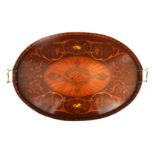 A LARGE EDWARDIAN MAHOGANY INALID OVAL SHERATON STYLE TRAY with centre conch shell enclosed by a