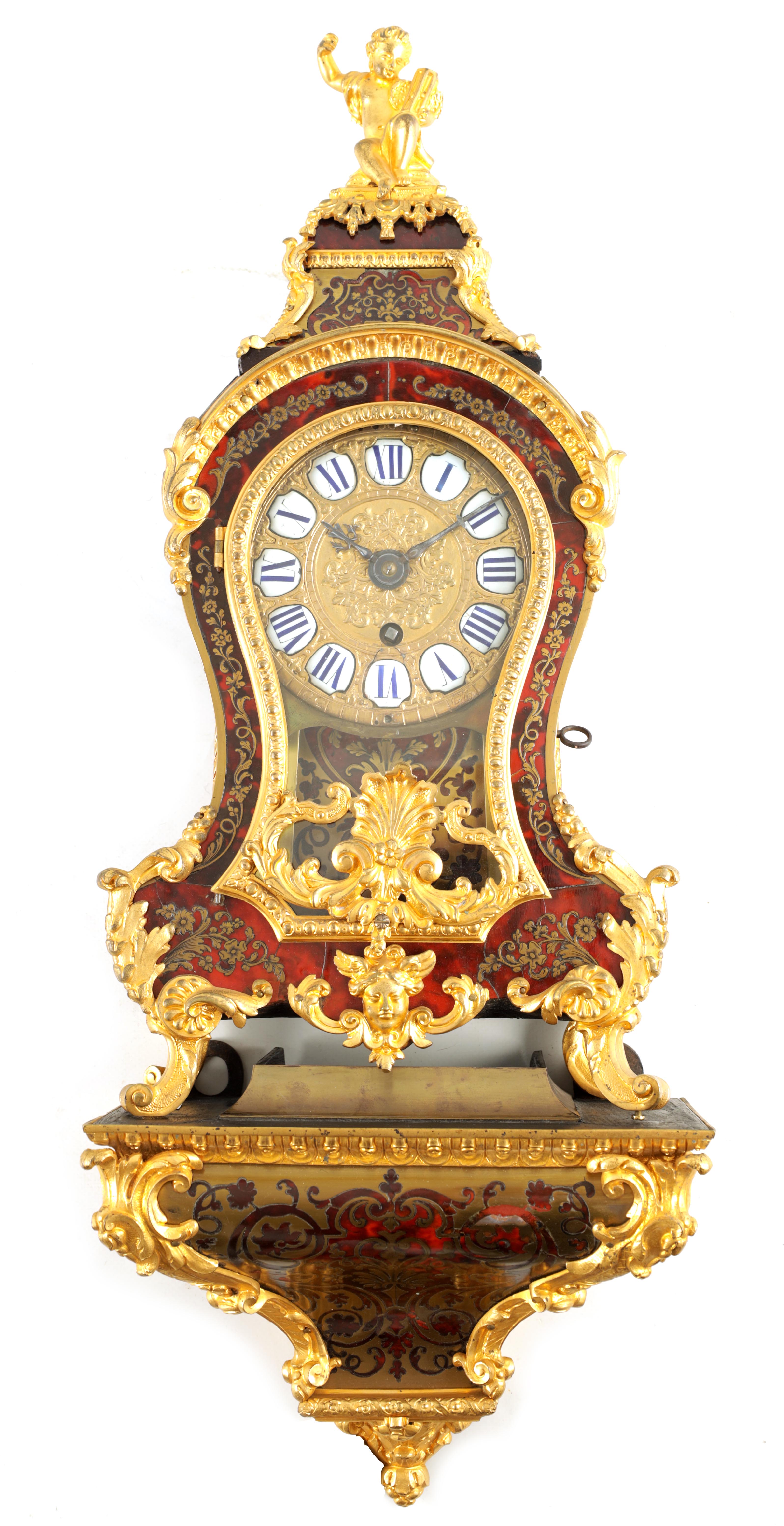 A LATE 18TH CENTURY FRENCH BOULLE BRASS AND TORTOISESHELL INLAID BRACKET CLOCK WITH BRACKET the