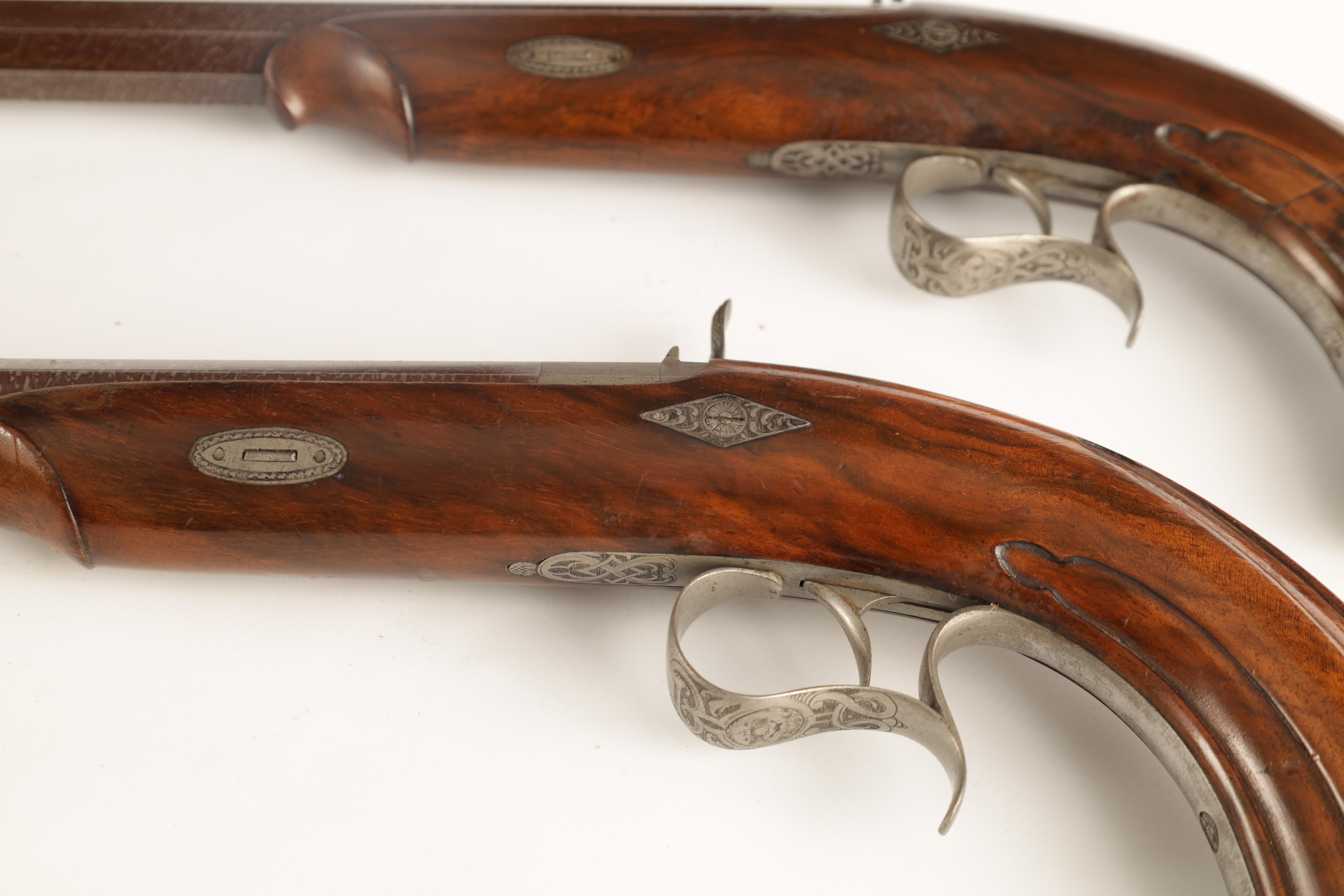 A CASED PAIR OF MID 19TH CENTURY CONTINENTAL PERCUSSION TARGET PISTOLS the damask octagonal - Image 13 of 19