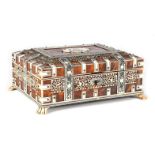 A LATE 19TH CENTURY ANGLO-INDIAN TORTOISESHELL AND IVORY JEWELLERY BOX with pierced panels and