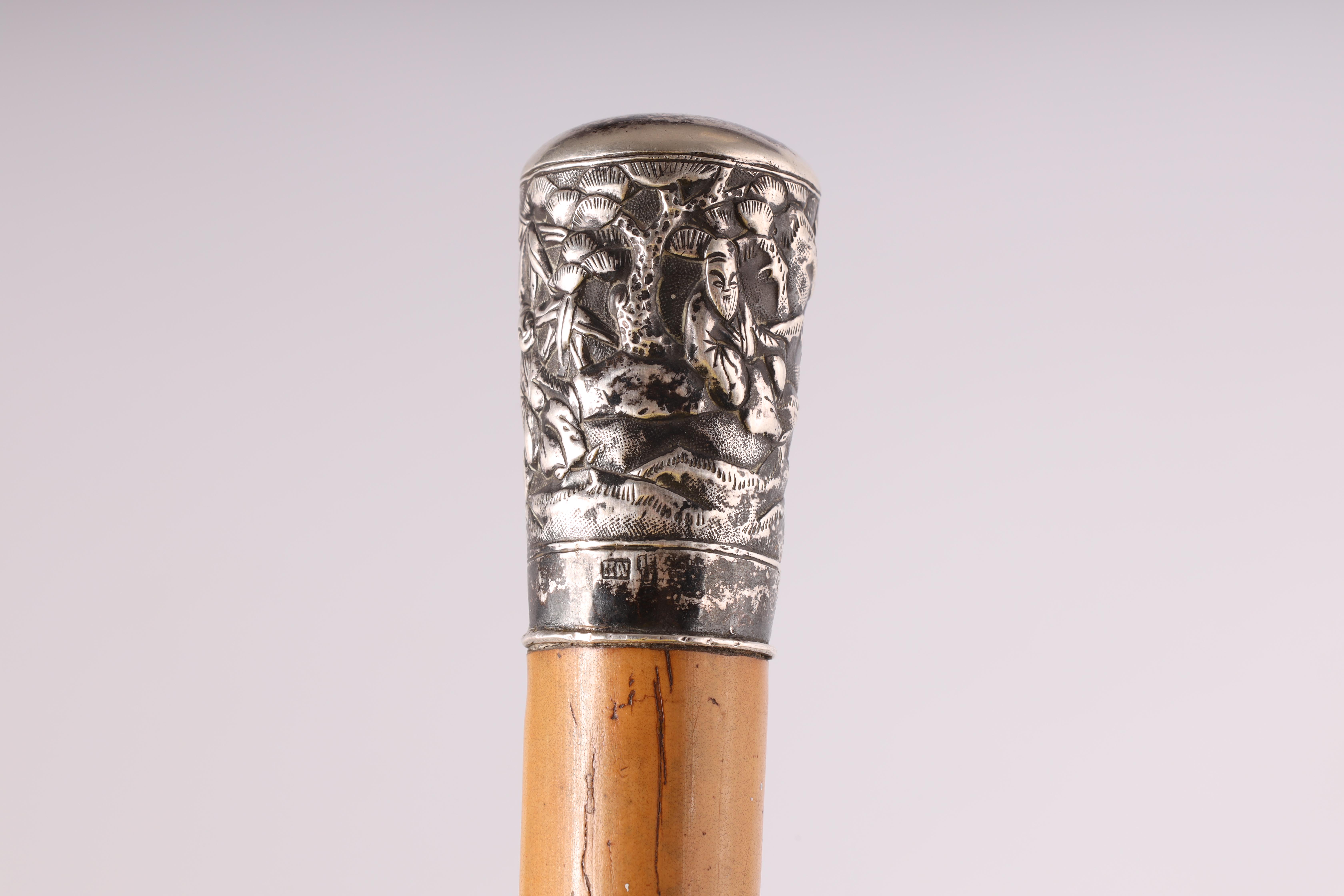 A LATE 19TH CENTURY CHINESE SILVER TOPPED SWORD STICK the silver pommel decorated with characters in - Image 4 of 8