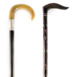 A 19TH CENTURY HEXAGONAL SECTIONAL HORN WALKING STICK with painted dot decoration 89cm overall