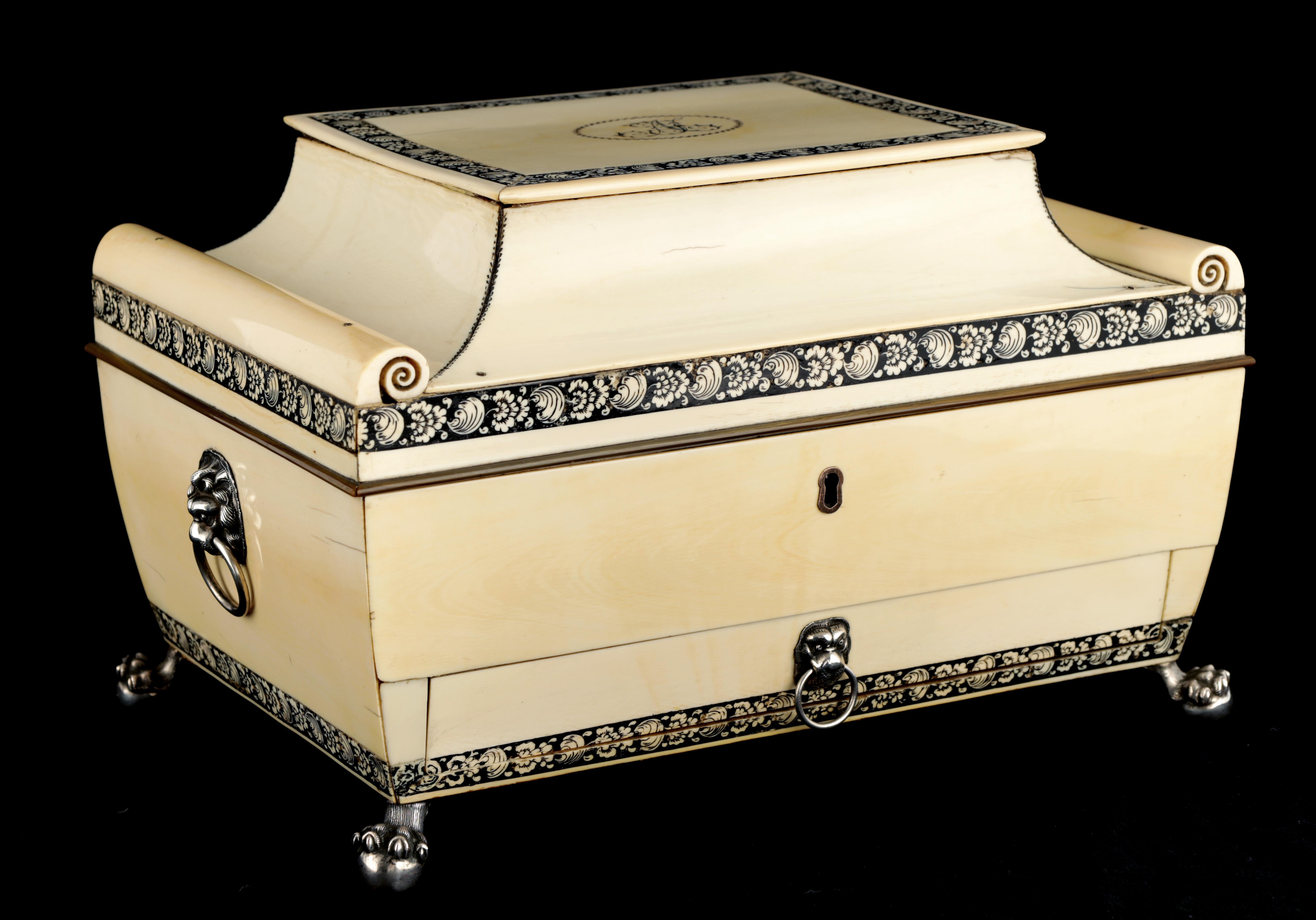 A FINE EARLY 19TH CENTURY ANGLO-INDIAN SILVER MOUNTED VIZAGAPATAM IVORY WORK-BOX set with finely