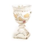 A 19TH CENTURY BUFF TERRACOTTA GARDEN URN with floral swags on original socle with square base