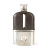 A VICTORIAN SILVER AND MOROCCAN LEATHER HIP FLASK RETAILED BY ASPREY 186 BOND STREET with engine-