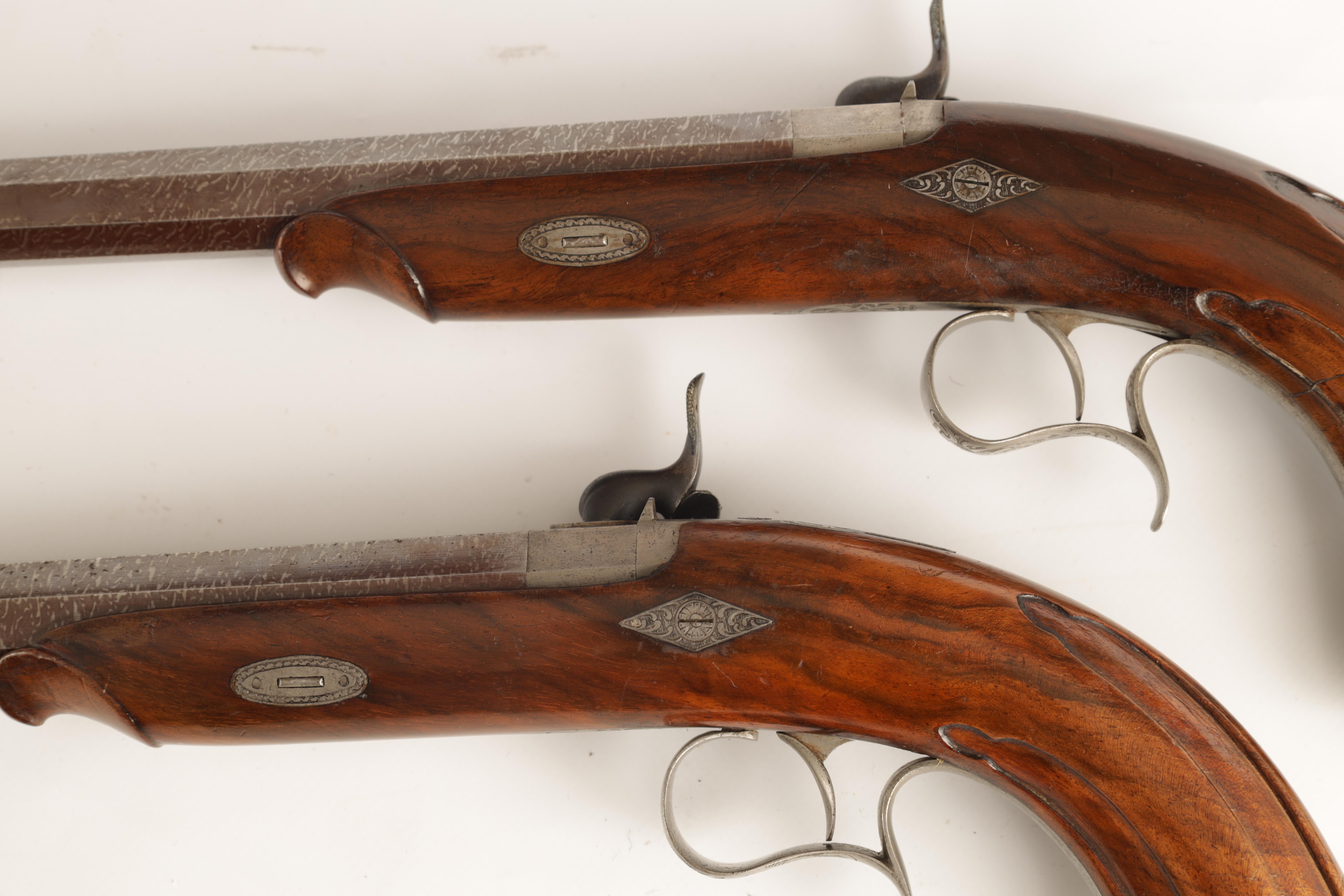 A CASED PAIR OF MID 19TH CENTURY CONTINENTAL PERCUSSION TARGET PISTOLS the damask octagonal - Image 17 of 19