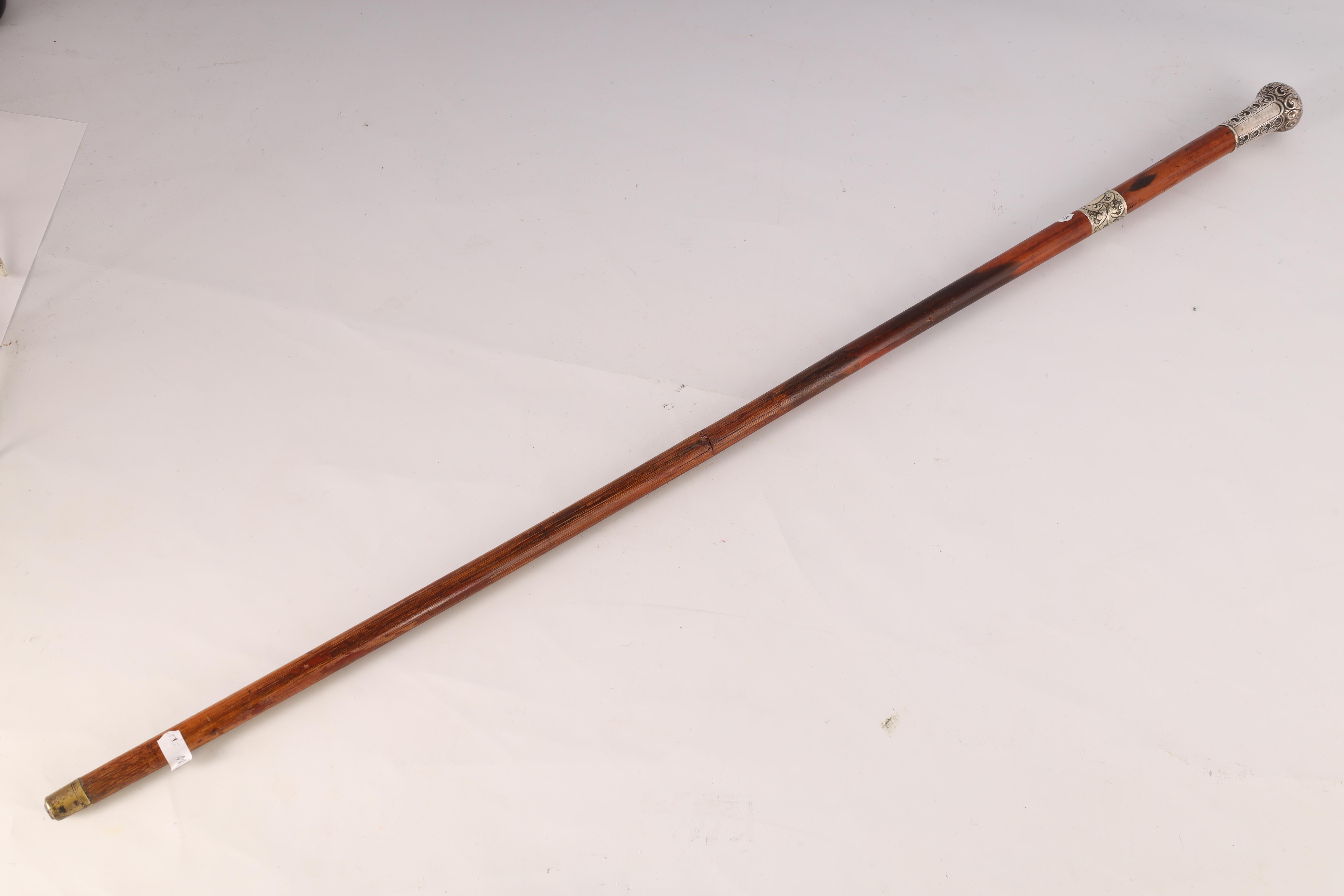 A LATE 19TH CENTURY SILVER TOPPED SWORD STICK with faceted silver pommel and scrollwork decoration - Image 7 of 8