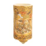 A MEIJI PERIOD JAPANESE CYLINDRICAL SATSUMA SPILL VASE OF SMALL SIZE finely decorated with figural
