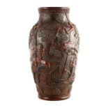A MEIJI PERIOD JAPANESE POLYCHROME TERRACOTTA VASE of baluster form moulded in relief depicting