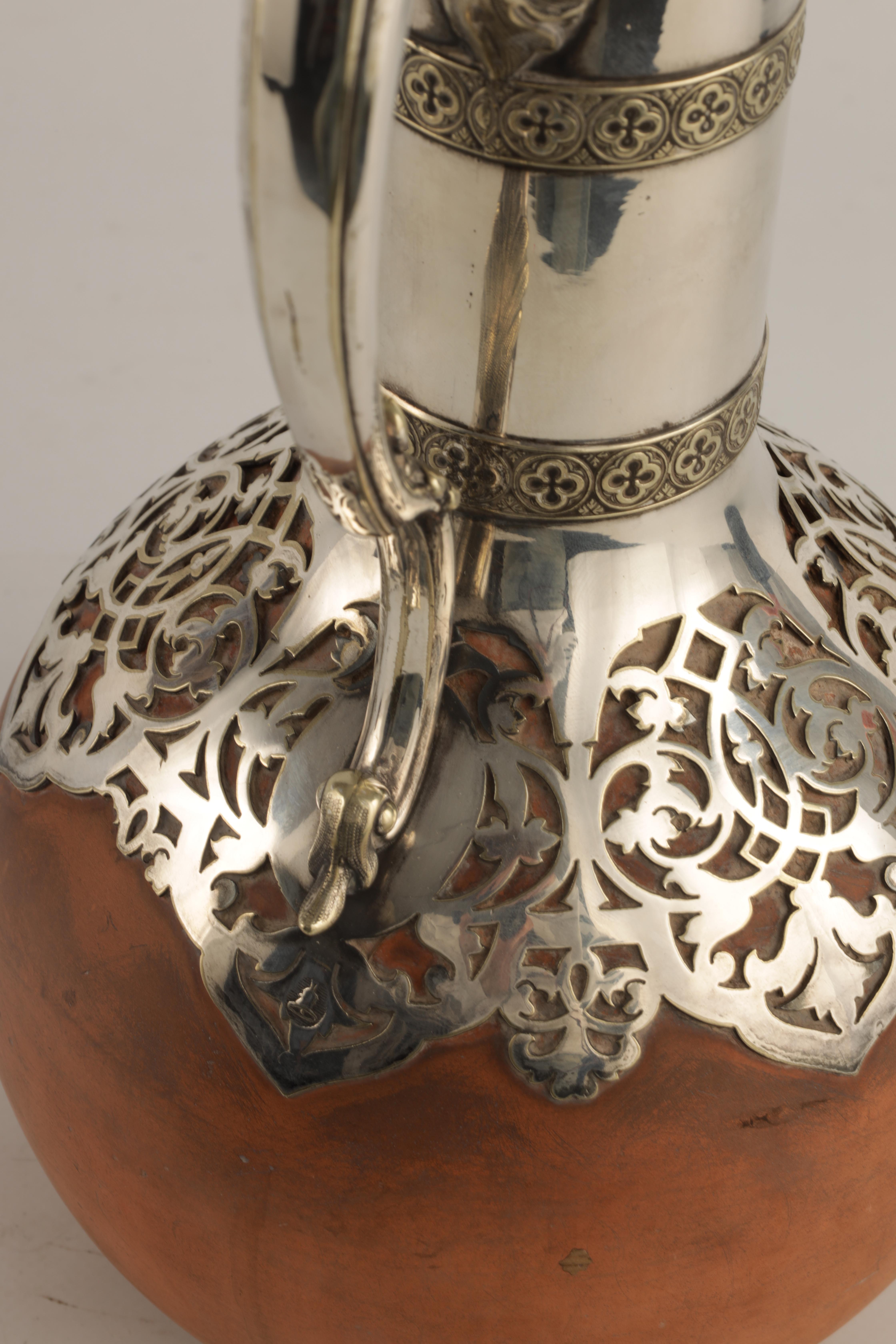 AN UNUSUAL LATE 19TH CENTURY SILVER PLATED CLARET JUG with Wedgewood stoneware body and pierced - Image 6 of 7