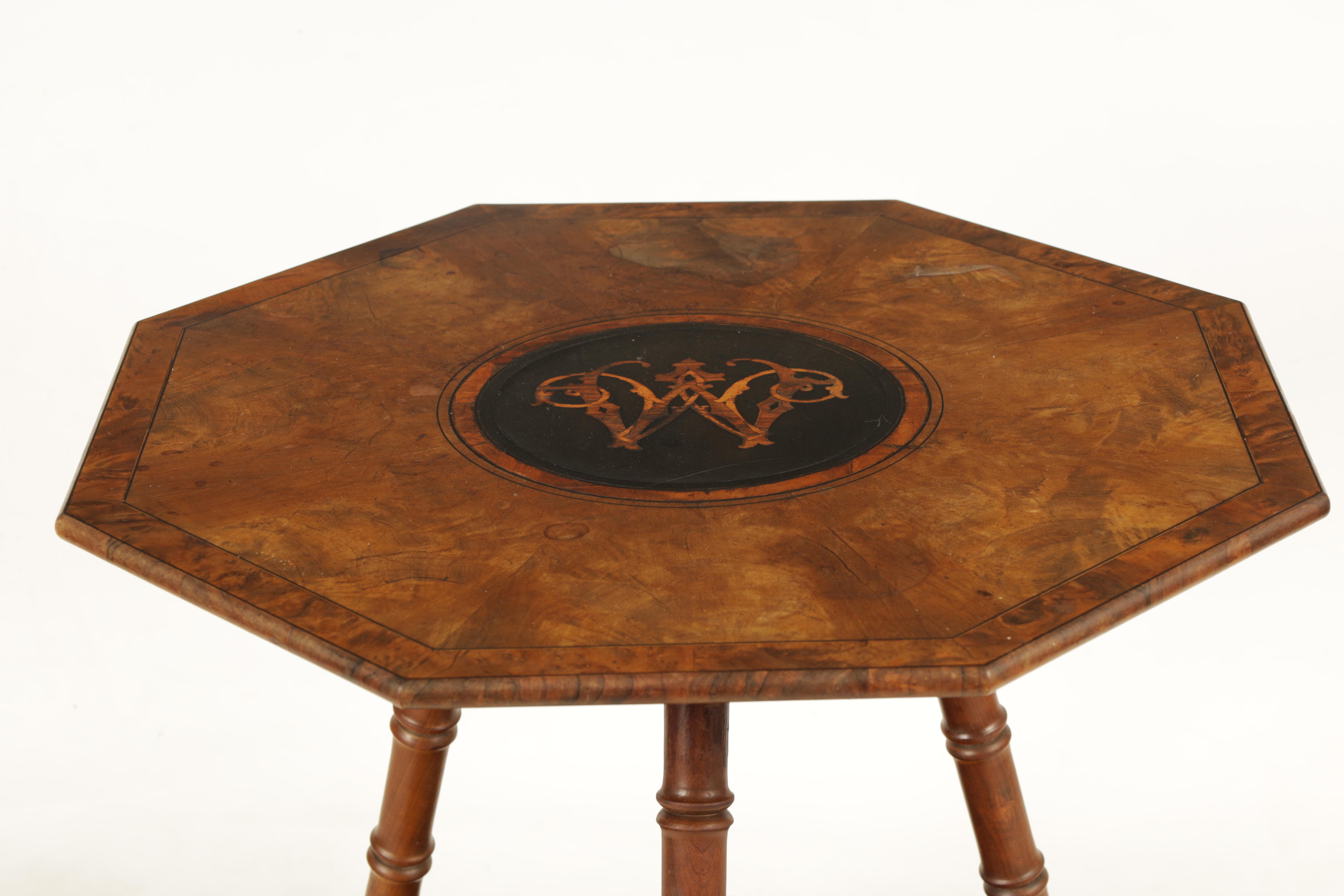 A 19TH CENTURY INLAID FIGURED WALNUT OCTAGONAL ITALIAN OCCASIONAL TABLE with monogrammed centre - Image 2 of 10