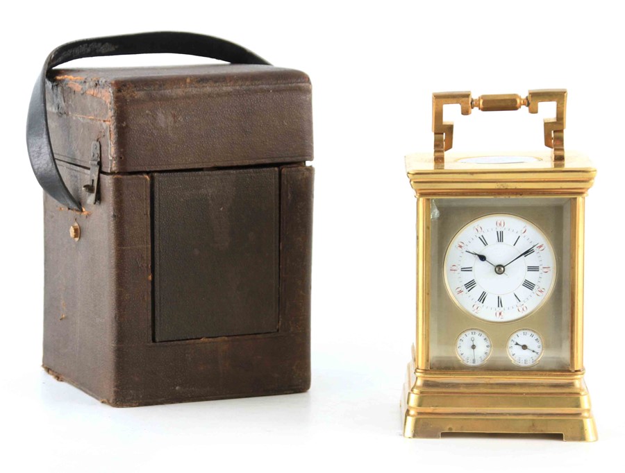 A LARGE AND UNUSUAL 19TH CENTURY FRENCH CARRIAGE CLOCK WITH TWO ALARM DIALS the brass moulded case - Image 2 of 17