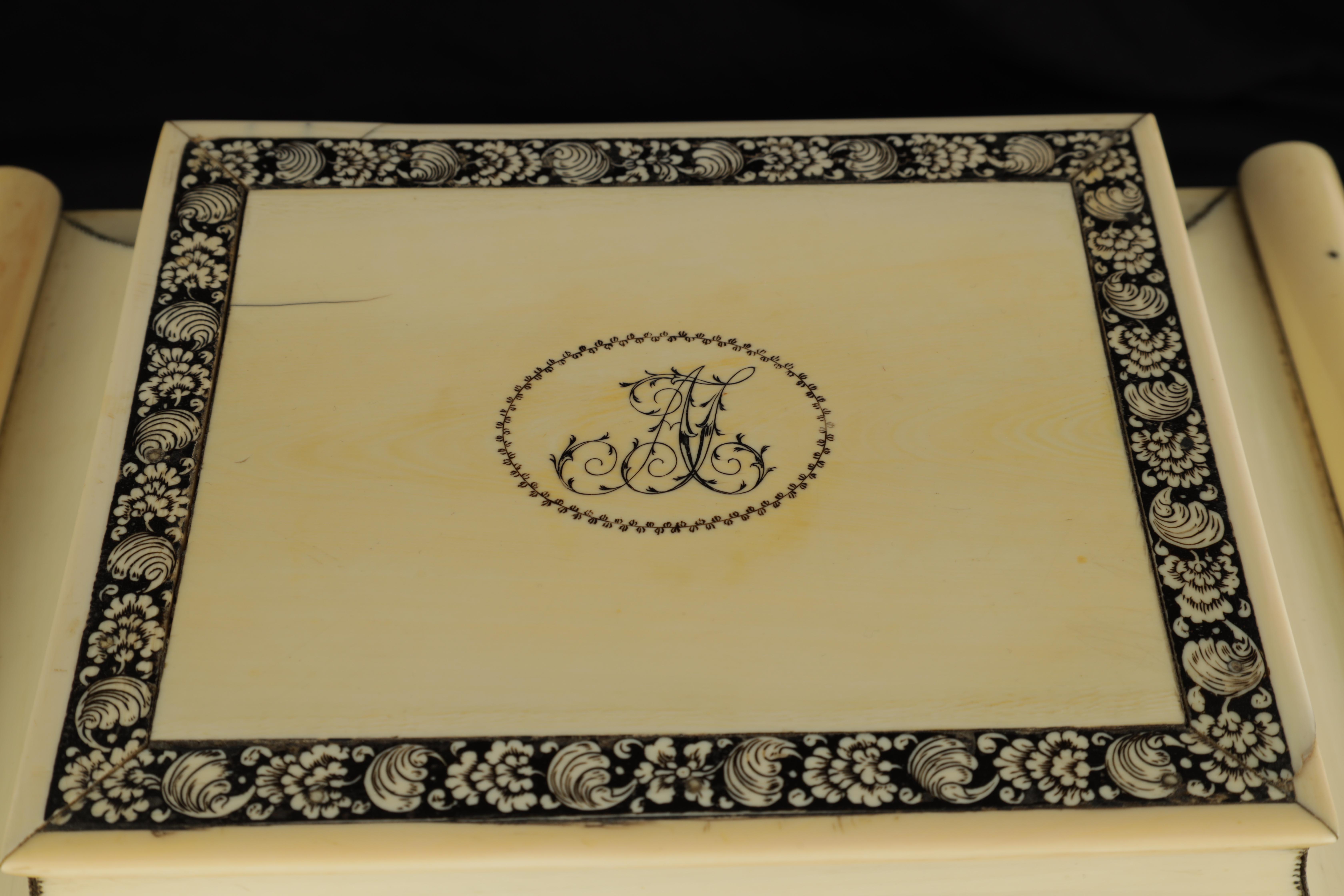 A FINE EARLY 19TH CENTURY ANGLO-INDIAN SILVER MOUNTED VIZAGAPATAM IVORY WORK-BOX set with finely - Image 7 of 15