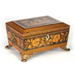 A REGENCY PENWORK SEWING BOX with floral decorated sides and cottage scene to the top, the