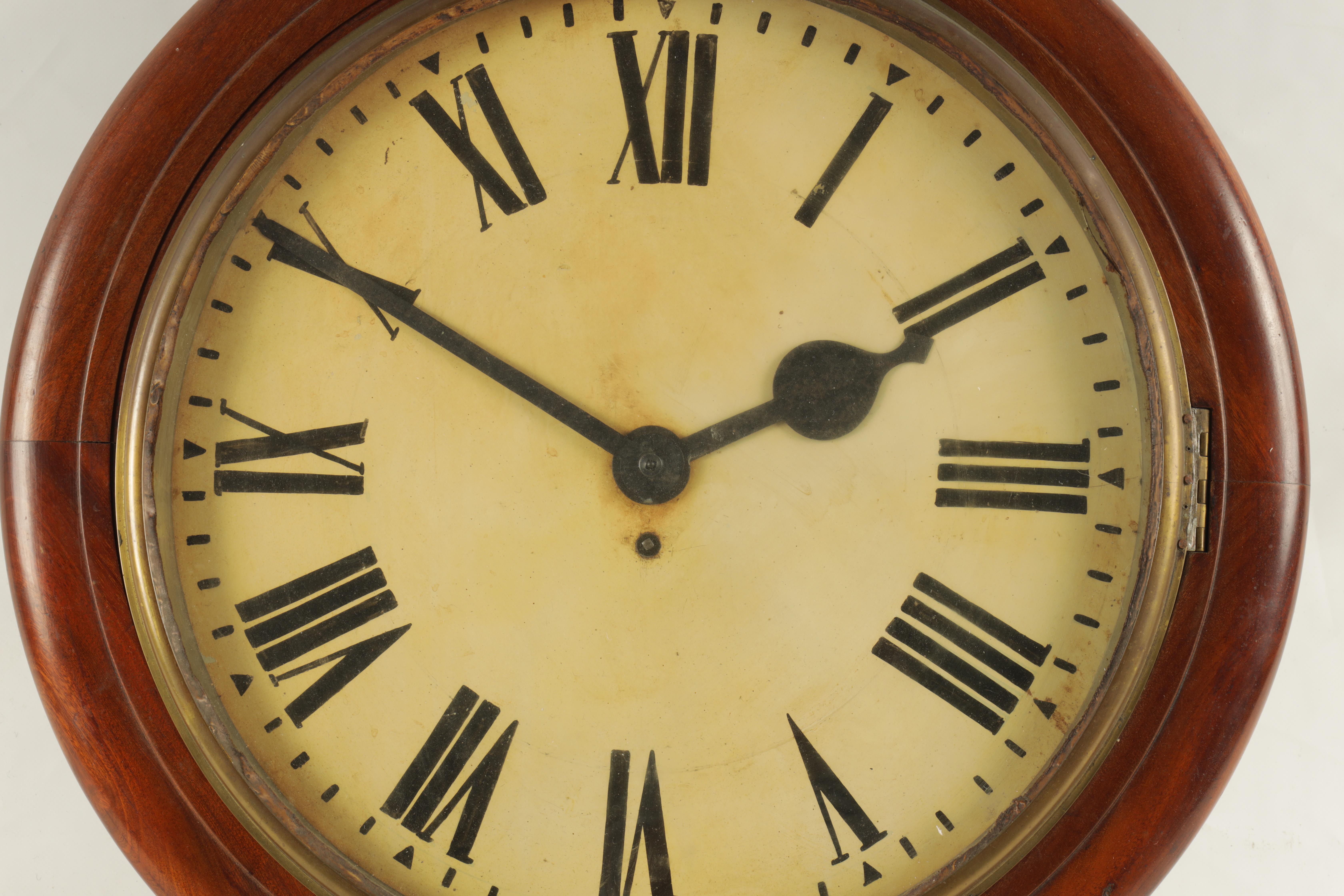 A LARGE LATE 19TH CENTURY FUSEE WALL CLOCK the moulded mahogany surround with a brass bezel - Image 2 of 7