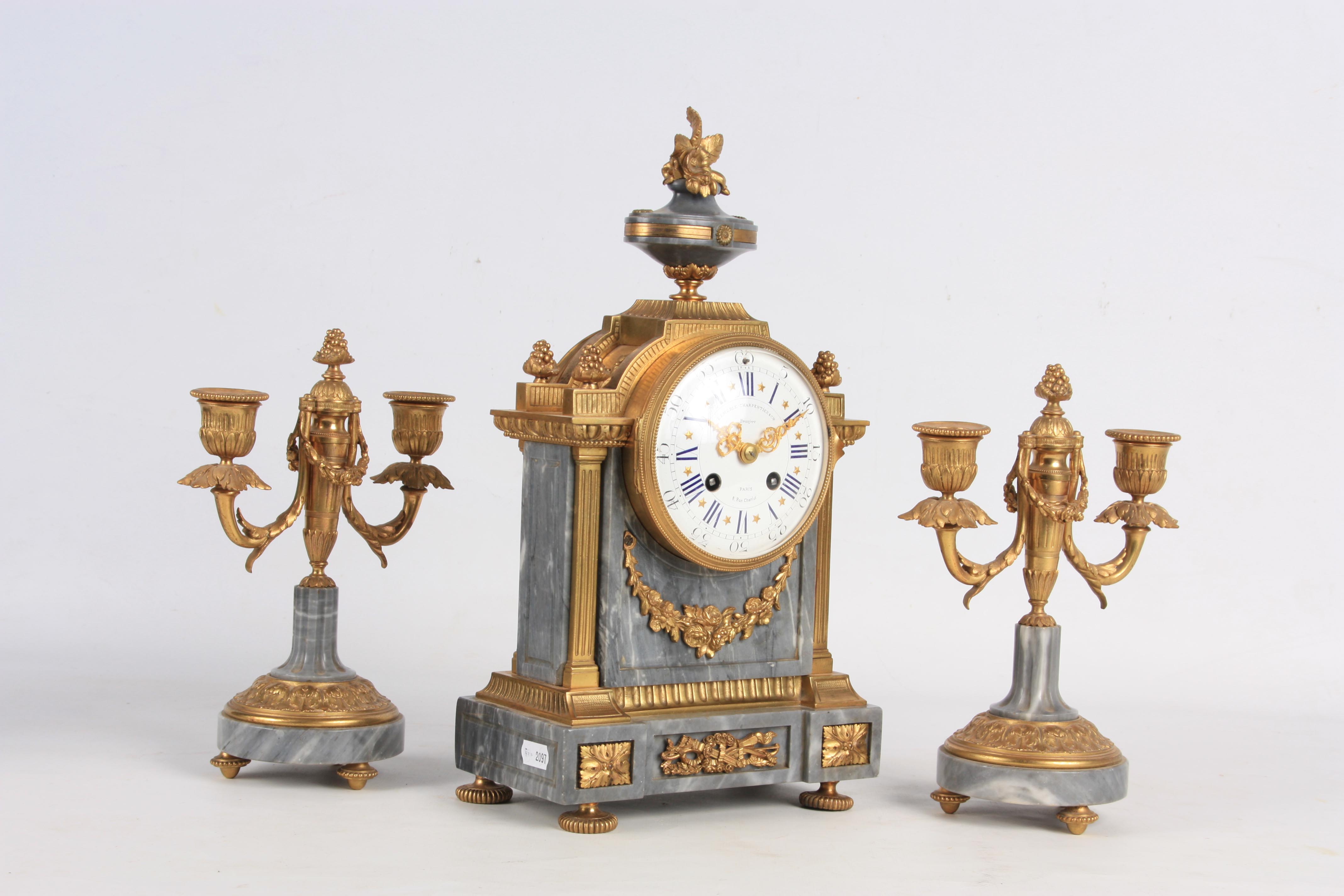 LEMERLE-CHARPENTIER & CIE, PARIS A MID 19TH CENTURY FRENCH MARBLE AND ORMOLU CLOCK GARNITURE the - Image 7 of 14