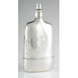 A RARE GEORGE II SILVER HIP FLASK of unusual shape with original removable gilt cup and screw fit