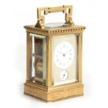 A LATE 19TH CENTURY FRENCH ENGRAVED BRASS REPEATING CARRAIGE CLOCK WITH ALARM the foliate and zigzag