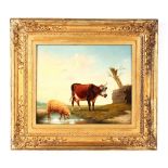 LOUIS ROBBE (1806-1887) A 19TH CENTURY OIL ON OAK PANEL depicting a grazing Cow and Sheep, signed