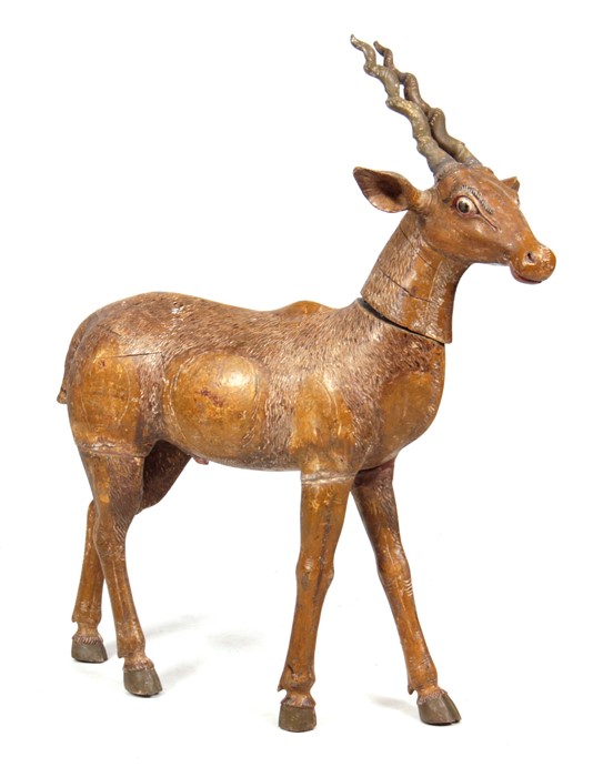 A LARGE 19TH CENTURY INDIAN PAINTED CARVED WOOD MODEL OF A BLACKBUCK / ANTELOPE the removable head - Image 2 of 5