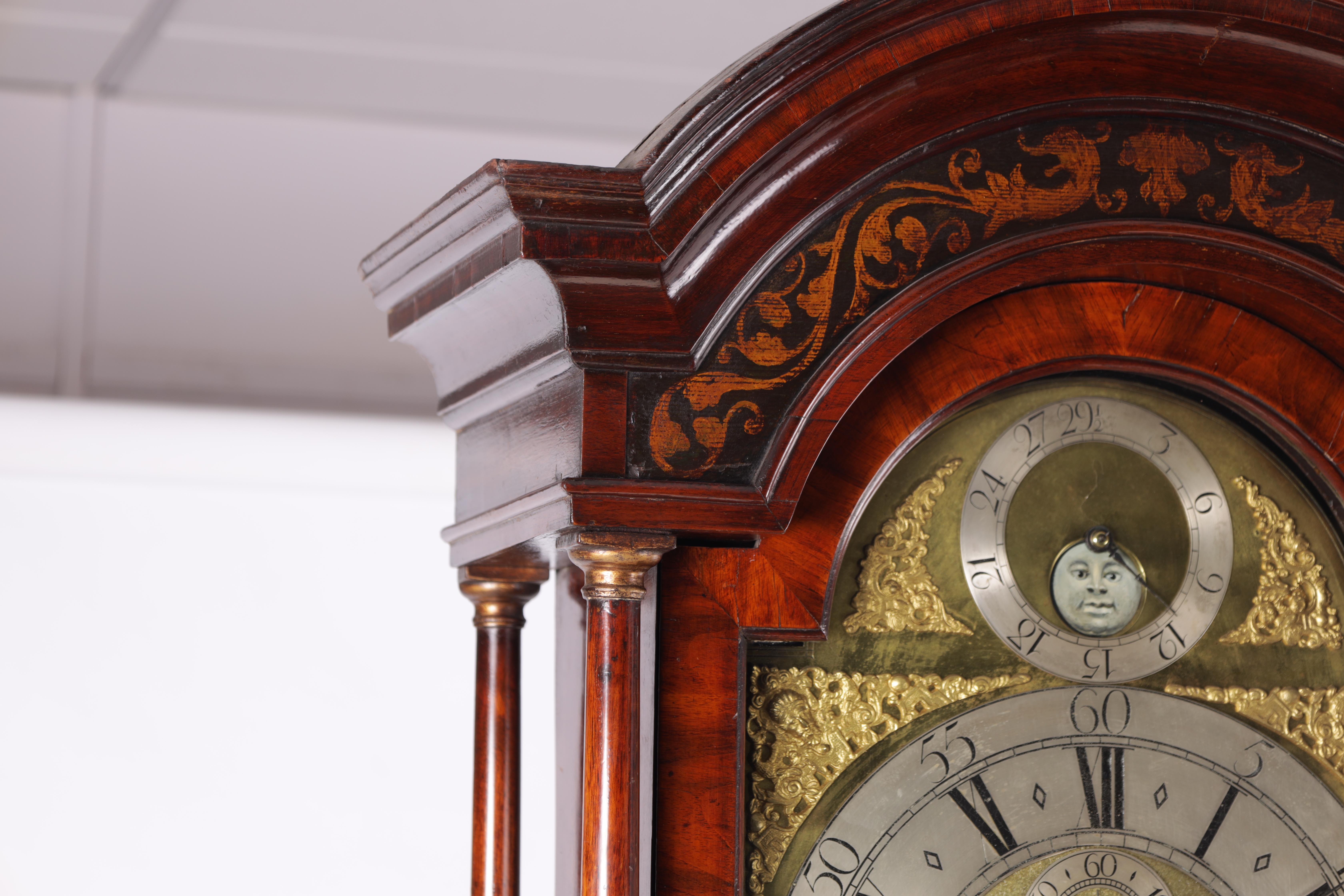 THOMAS WALLER, PRESTON A GEORGE II BURR WALNUT 'PENNY MOON' LONGCASE CLOCK with moulded arched - Image 4 of 6