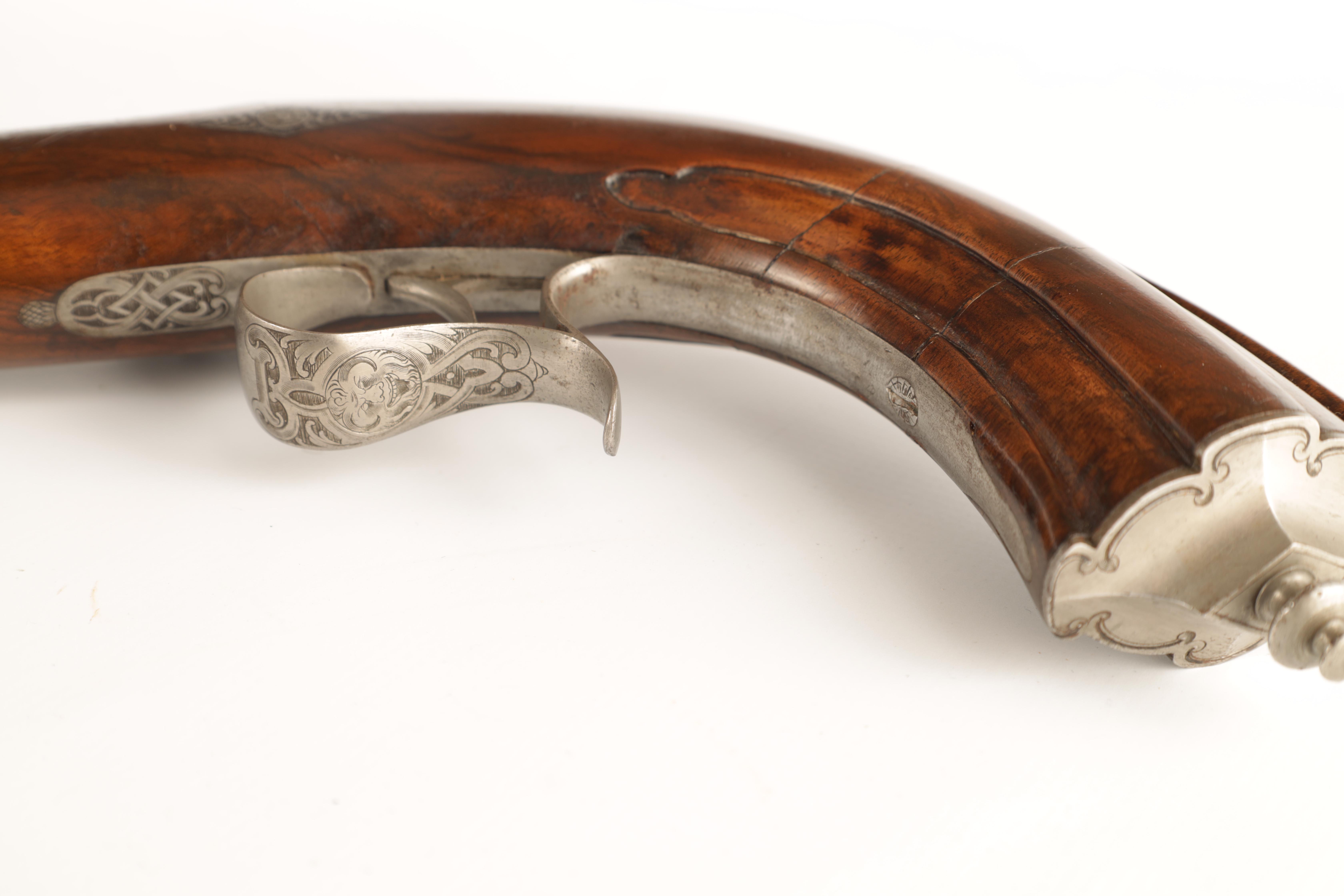 A CASED PAIR OF MID 19TH CENTURY CONTINENTAL PERCUSSION TARGET PISTOLS the damask octagonal - Image 15 of 19