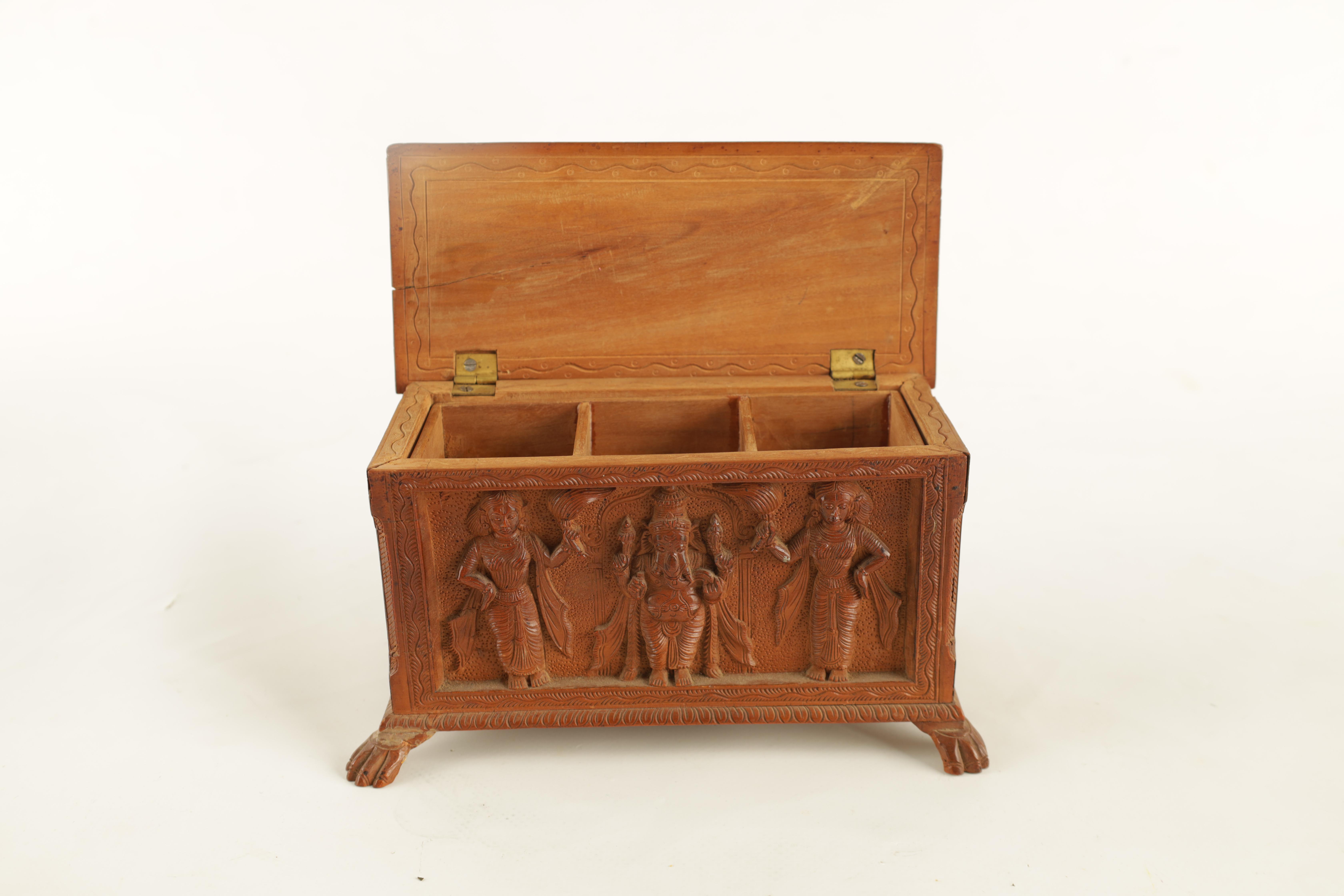 AN EARLY 20TH CENTURY ANGLO-INDIAN CARVED SANDALWOOD BOX with relief carved panels of various Indian - Image 4 of 8