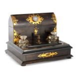 A 19TH CENTURY COROMANDEL AND GILT BRASS MOUNTED GOTHIC STYLE DESK COMPENDIUM having an arched
