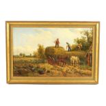 J F HUGHES A LATE 19TH CENTURY OIL ON CANVAS depicting farmers hay timing - signed on reverse 45cm