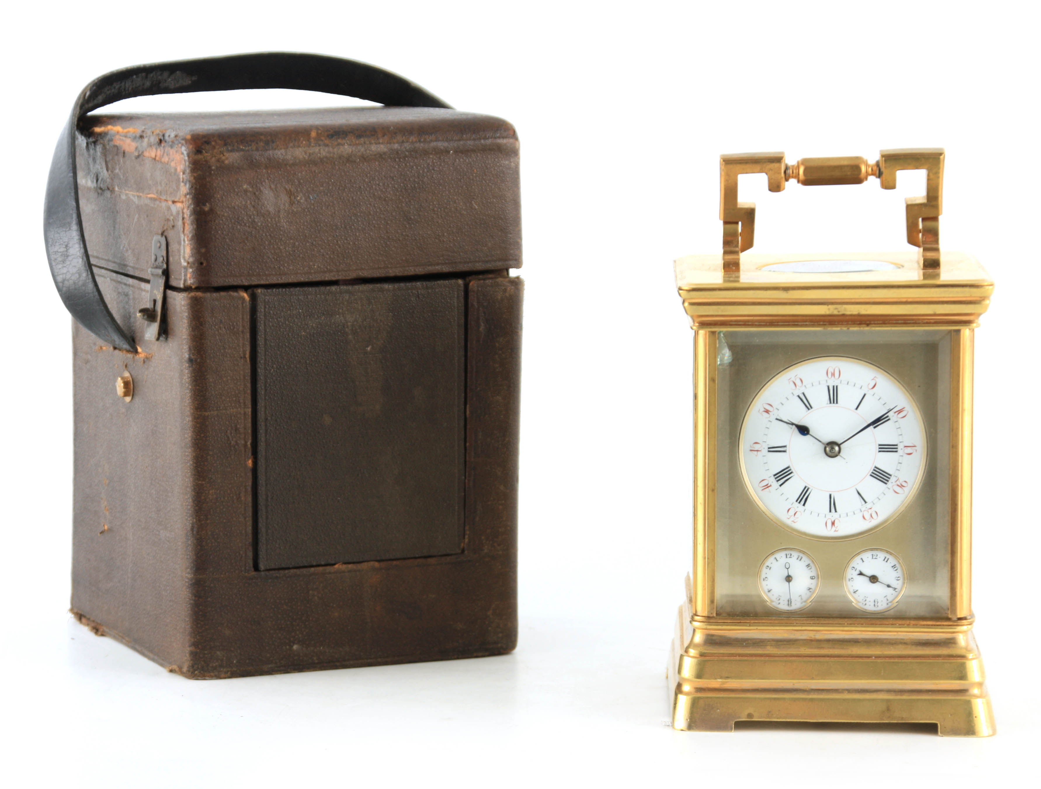 A LARGE AND UNUSUAL 19TH CENTURY FRENCH CARRIAGE CLOCK WITH TWO ALARM DIALS the brass moulded case