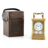 A LARGE AND UNUSUAL 19TH CENTURY FRENCH CARRIAGE CLOCK WITH TWO ALARM DIALS the brass moulded case
