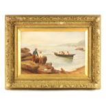 R DOUGLAS AN EARLY 20TH CENTURY OIL ON CANVAS Cornish beach with fisherman - signed 39cm high 60cm