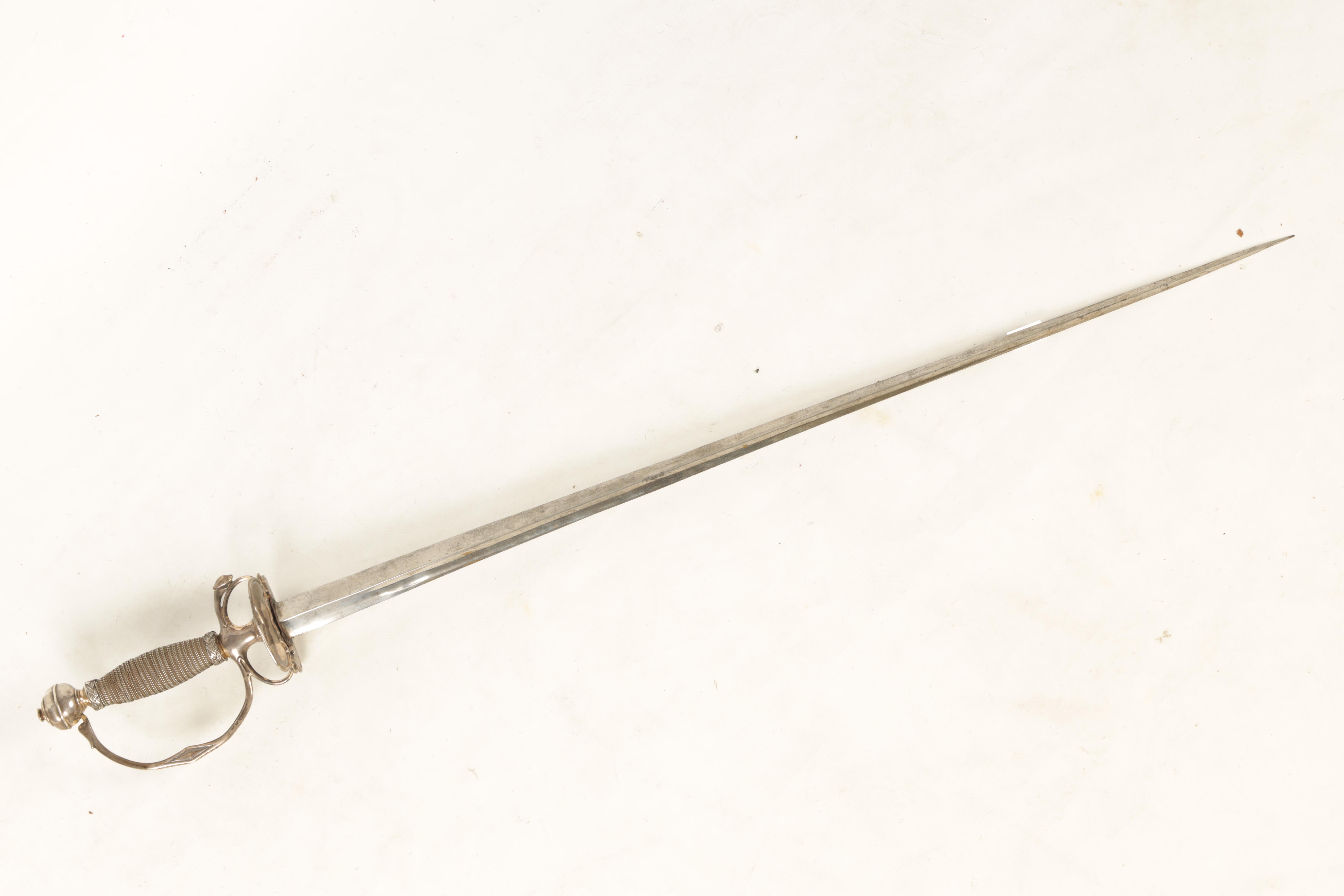 A QUEEN ANNE SILVER HILTED SMALL-SWORD the tapering steel triangular section blade with engraved - Image 9 of 11