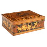 AN UNUSUAL 19TH CENTURY TUNBRIDGE WARE JEWELLERY BOX with inlaid Goshawk to the centre, decorated