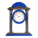 AN EARLY 20TH CENTURY SWISS BLUE ENAMEL AND SILVERED BRONZE BOUDOIR CLOCK with arched top on a