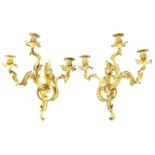 A PAIR OF LARGE 19TH CENTURY FRENCH ORMOLU ROCOCO STYLE THREE BRANCH HANGING CANDELABRA with