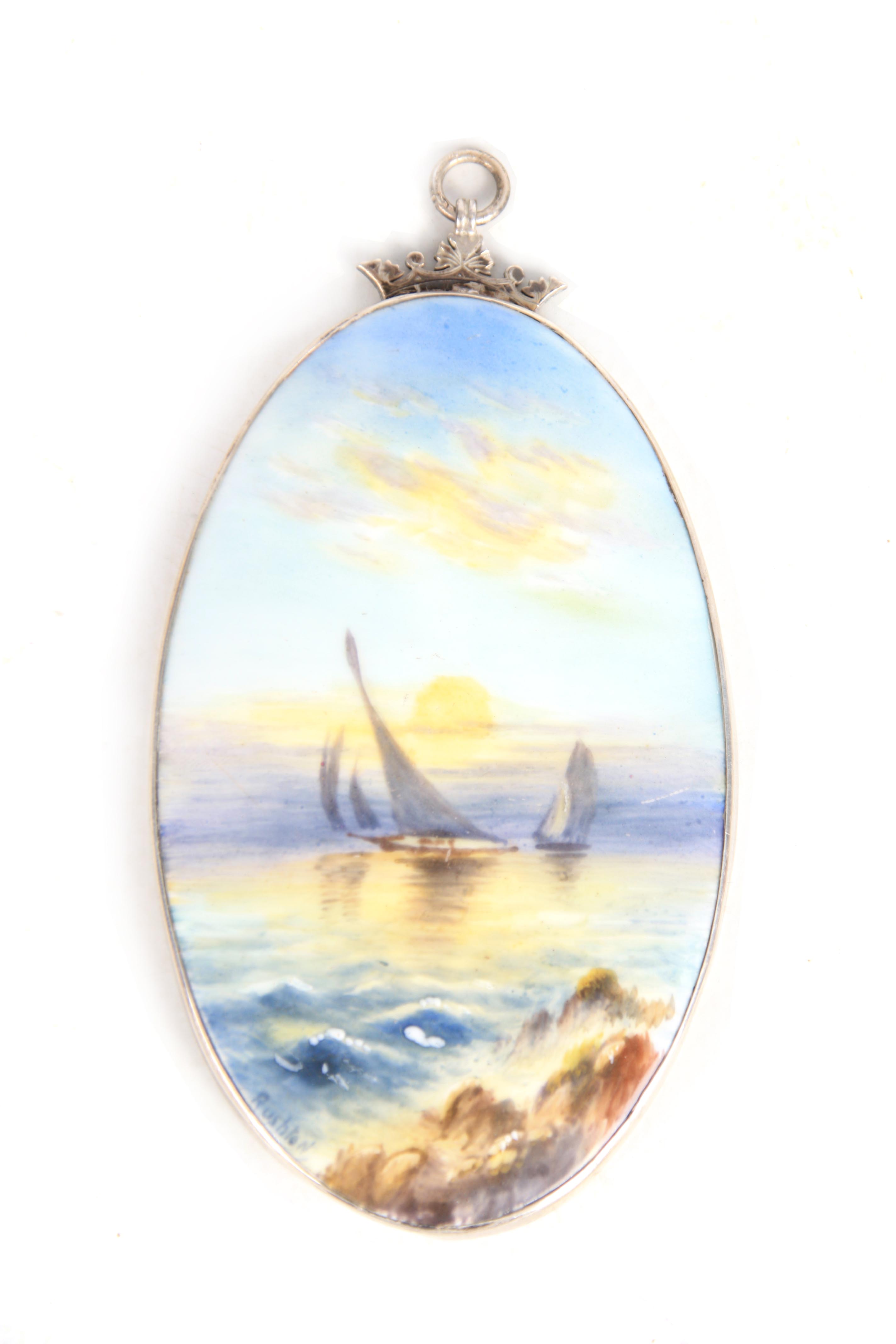 A SILVER FRAMED OVAL ROYAL WORCESTER PAINTED PORCELAIN PLAQUE BY RUSHTON depicting two sailboats