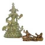A TIBETAN BRONZE SEATED BUDDHA 21cm high TOGETHER WITH A 20TH CENTURY BRONZE depicting fishermen