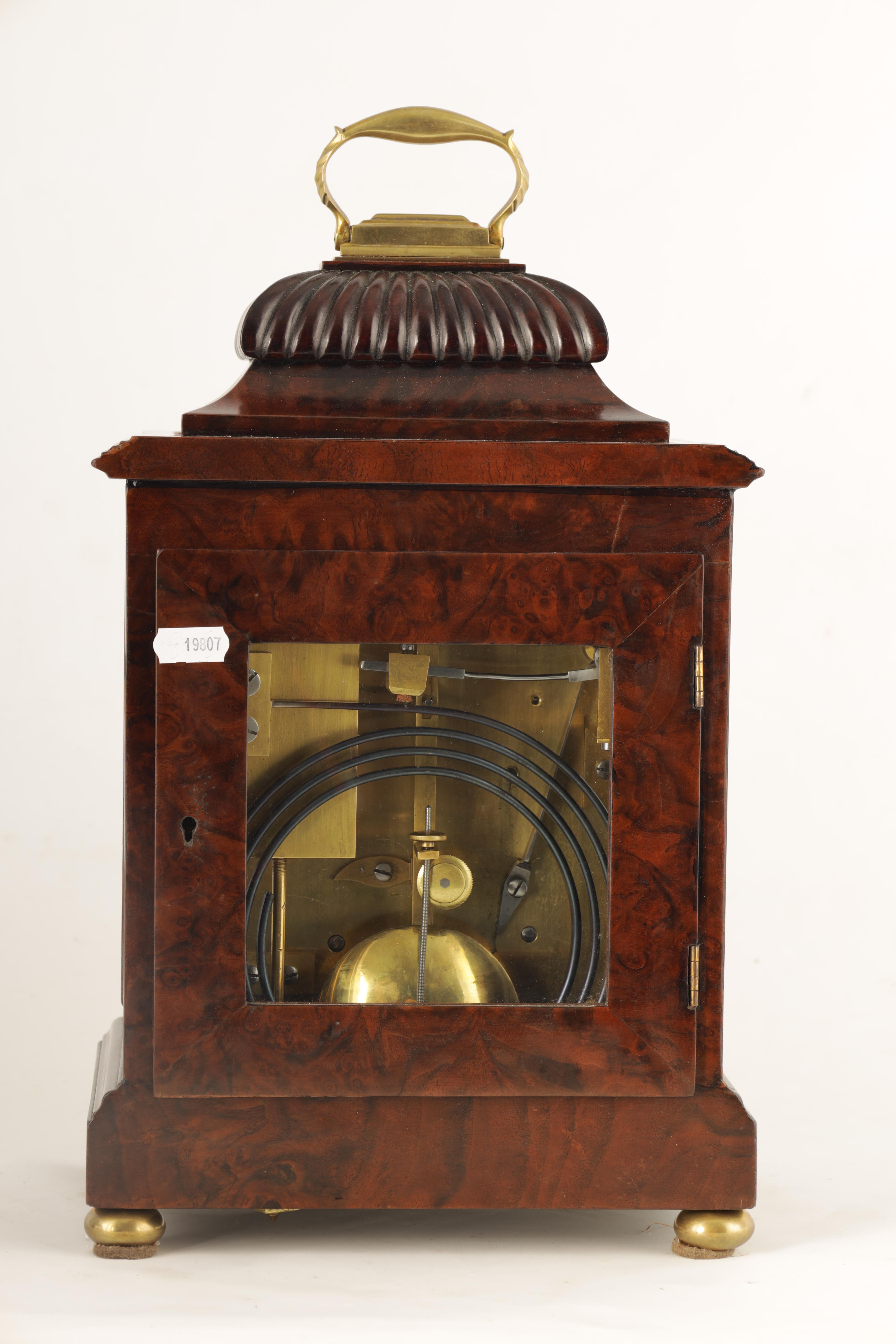 W. PAYNE & CO. LONDON AN EARLY 20TH CENTURY BURR WALNUT DOUBLE FUSEE BRACKET CLOCK WITH BRACKET - Image 12 of 13