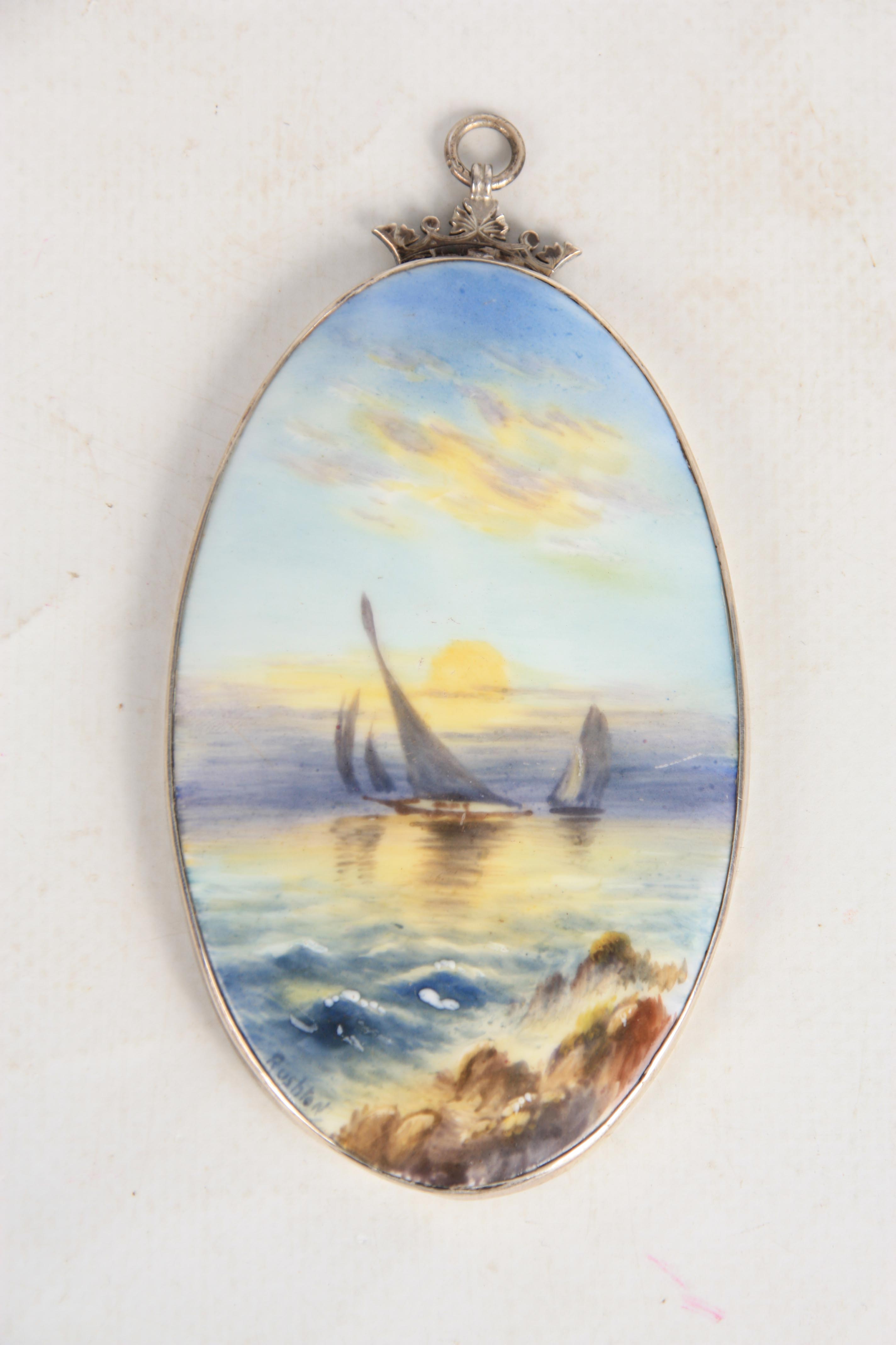 A SILVER FRAMED OVAL ROYAL WORCESTER PAINTED PORCELAIN PLAQUE BY RUSHTON depicting two sailboats - Image 3 of 5